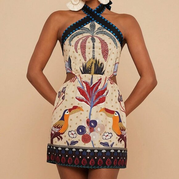 Multicolor Boho Women's Vacation Floral Print Short Halter Neck Casual Dress - Picture 1 of 5